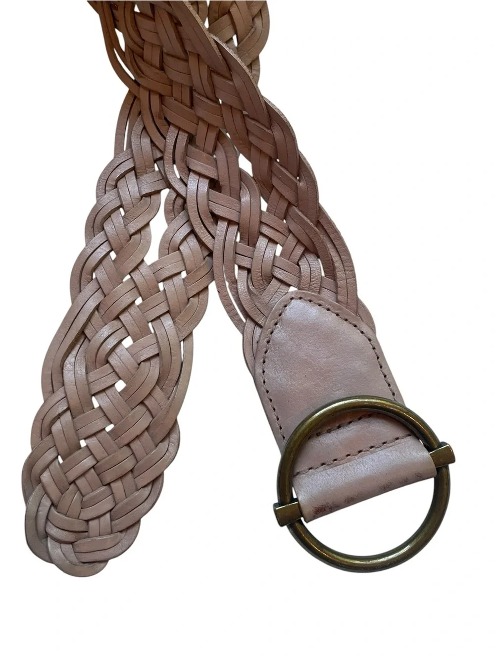 Talbots Taupe Wide Braided Leather Belt Womens S Brass Buckle 2.25